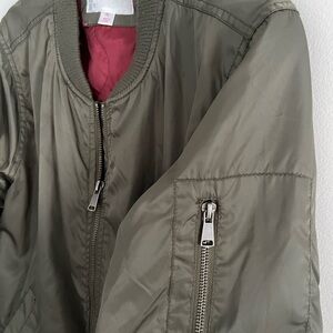 Xhilaration Olive Green Bomber Jacket with Burgundy Lining